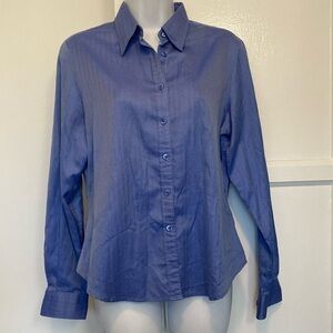 Faconnable Womens Blue Buttonfront Shirt Cotton Herringbone Medium